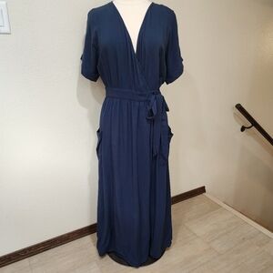 Day to Day Blu Pepper True Wrap Dress Navy Blue Flowy Maxi Midi Classic size L